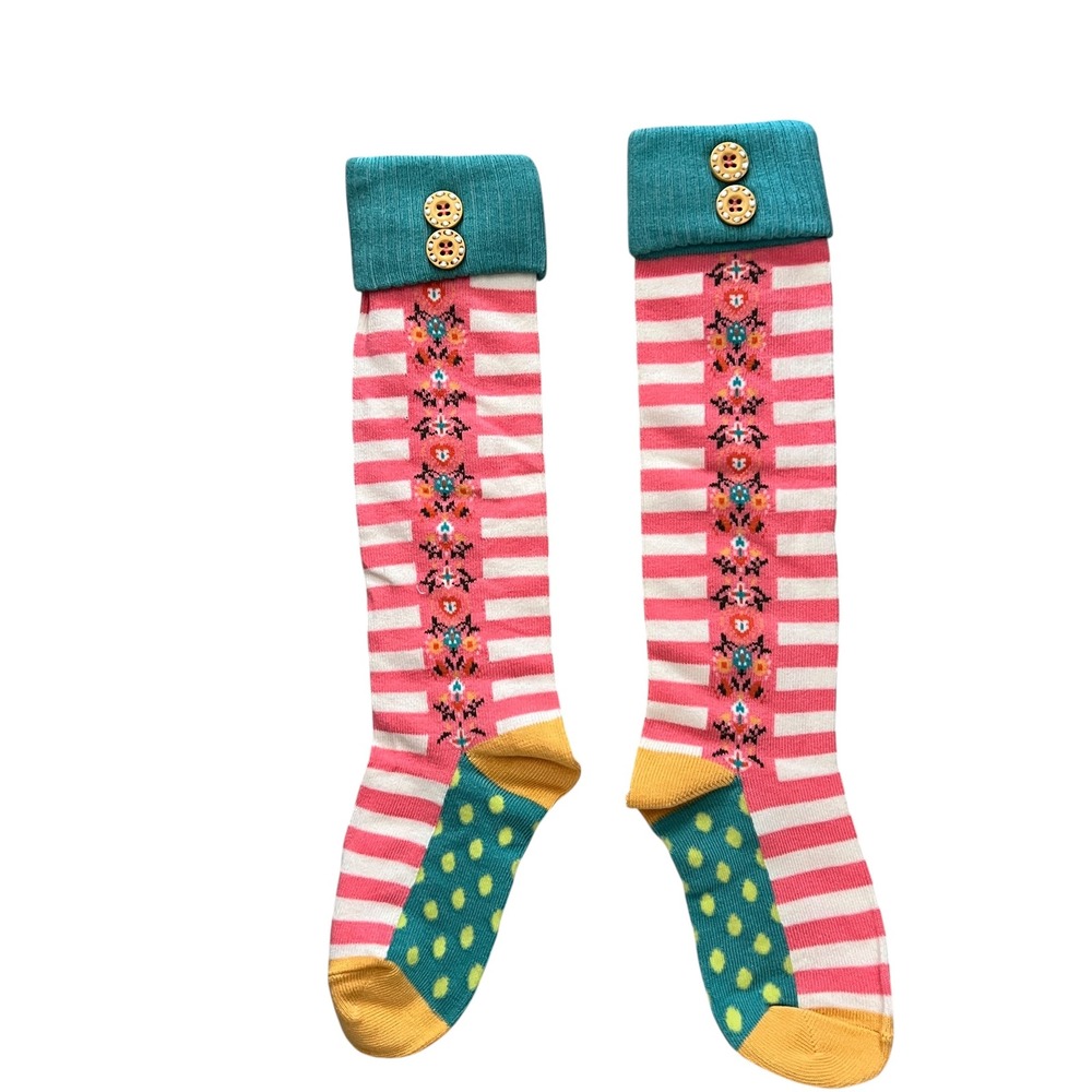Matilda Jane Girls Socks Knee High Pink Striped Teal Cuff Button Size S‎